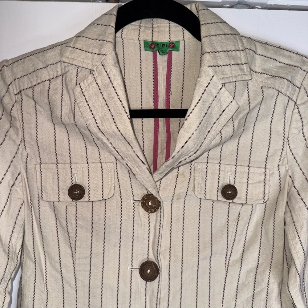 Tibi Women’s Striped Cotton Blazer Jacket Beige Brown Button Front Size 2 - Picture 3 of 12
